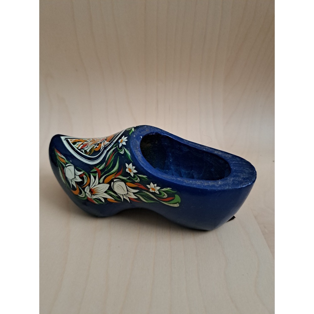 Vintage Hand Painted Wooden Dutch Clog Souvenir Navy Blue Windmill Floral Design - Picture 2 of 3